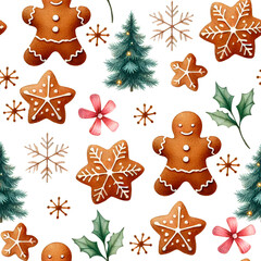 Christmas seamless pattern with watercolor gingerbread cookies, snowflakes and Christmas tree isolated on a white background 