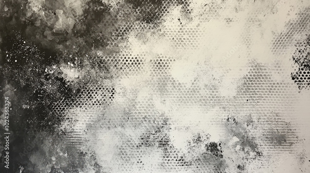 Poster abstract painting featuring a striking blend of white and grey halftone patterns