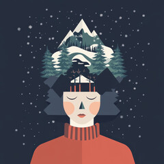 A serene illustration of a woman with a mountain landscape in her mind set against a starry night background