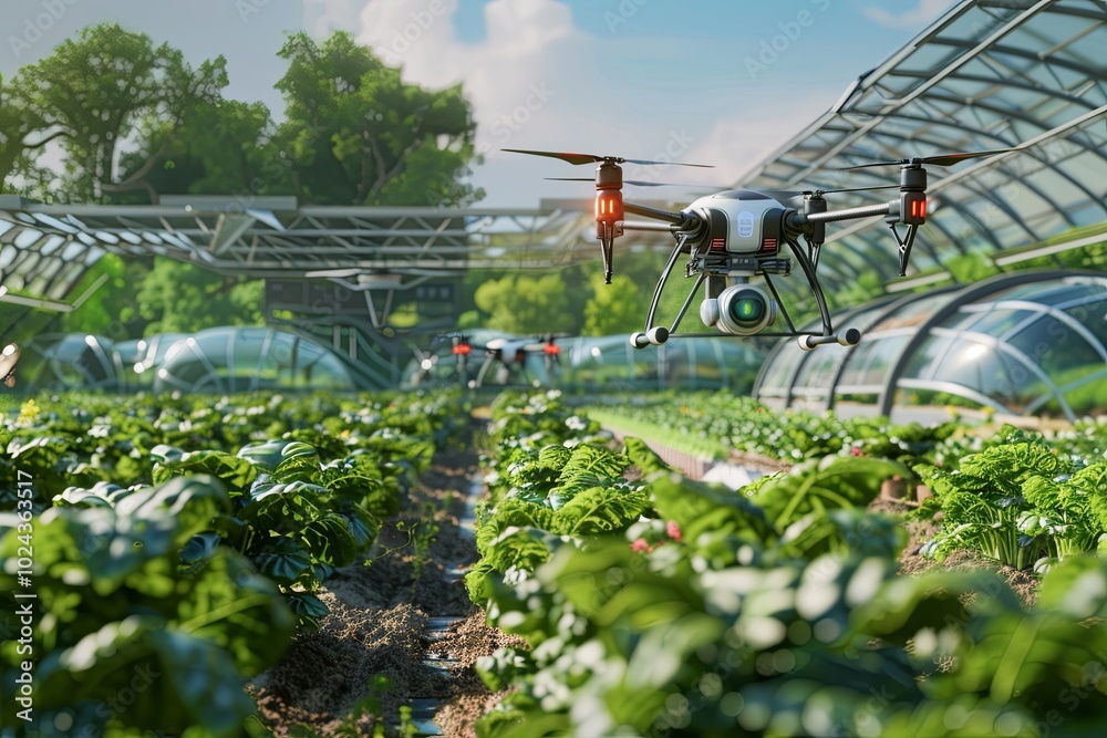 Poster Drones and sensors work together on a high-tech farm, using AI to monitor crops and enhance sustainable agricultural practices. Generative AI
