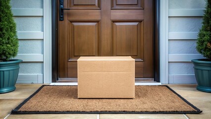 Symmetrical delivery box on doormat at entrance of house for e-commerce purchase