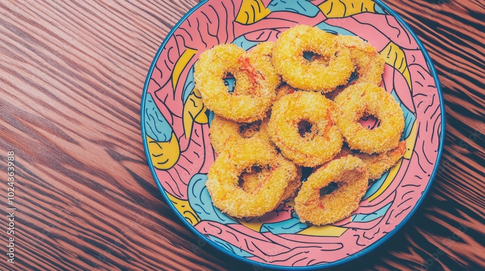 Poster breaded deep fried shrimp arrangement on a dark wooden table viewed from above with space for text