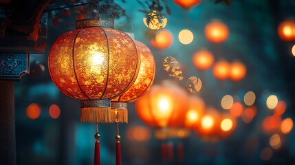 Traditional red lanterns glowing in the evening.
