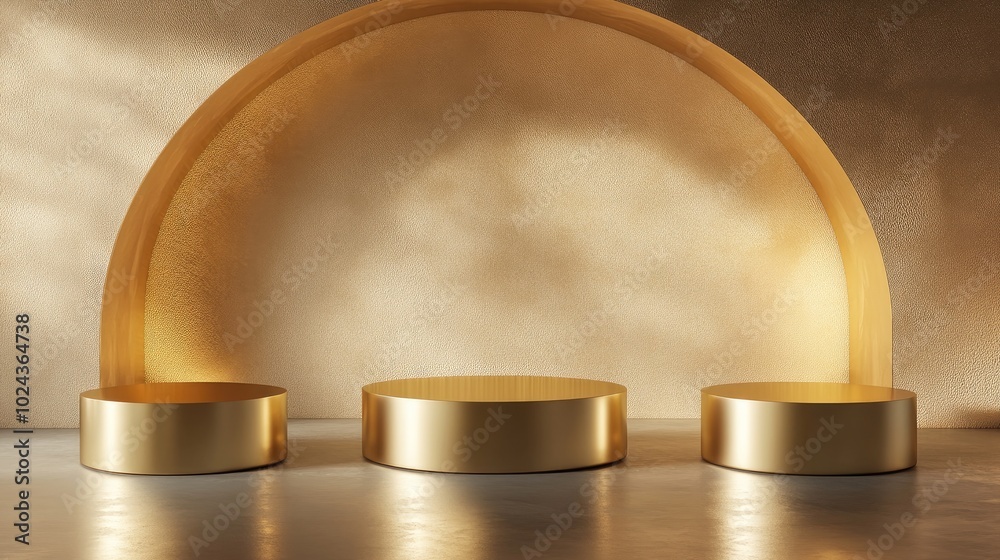 Aufkleber Collection of gold geometric pedestals with minimal circular backdrop and pillars in an abstract studio setting Clean scene for showcasing cosmetic products and promotions 3D rendering
