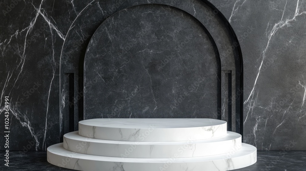 Poster 3D rendering of white pedestal steps on a black round marble background featuring a memorial board art deco geometric frame and an abstract minimal concept providing a blank space and clean design