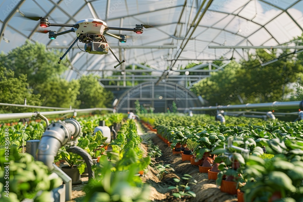Aufkleber Drones and sensors actively monitor crops in a greenhouse, optimizing farming practices through advanced AI technology. Generative AI