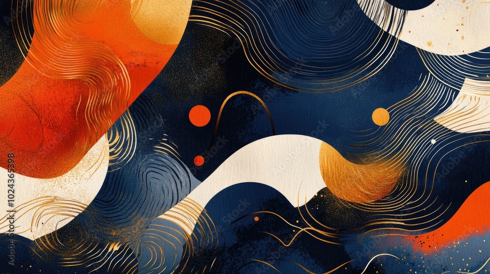 Poster Abstract geometric art featuring orange and blue vector patterns modern design with hand drawn lines and gold texture elements