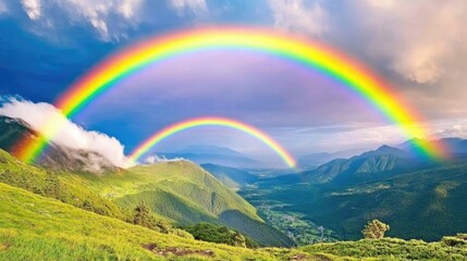 Obraz premium Dramatic Double Rainbow Over Lush Green Hills