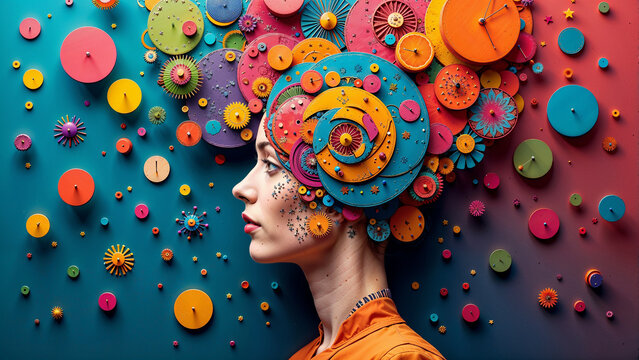 Mandola style, colorful 3D collage illustration representing a person with a creative mind interacting with artificial intelligence