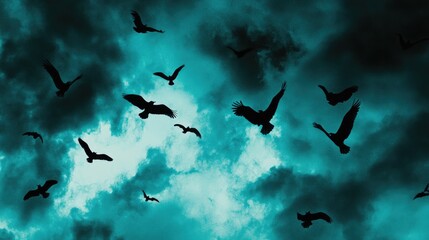 Fototapeta premium Flock of Birds Against Dramatic Sky Background