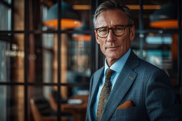 Fototapeta premium Successful mature businessman in formal suit confidently looking at camera, exemplifying leadership and professionalism in the corporate world