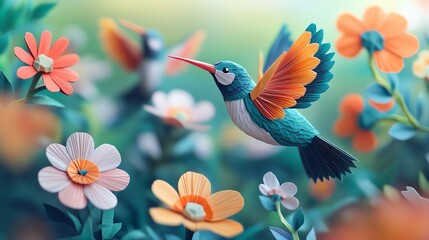 Multilayered paper cut origami hummingbirds hovering around flowers, creating a dynamic, natureinspired decoration, paper cut hummingbird, origami nature craft