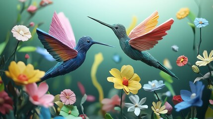 Multilayered paper cut origami hummingbirds hovering around flowers, creating a dynamic, natureinspired decoration, paper cut hummingbird, origami nature craft