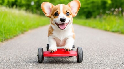Happy Corgi Puppy Riding Toy Car on Pathway