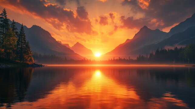 A beautiful sunset over a lake with mountains in the background
