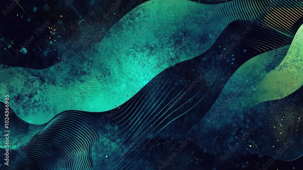 Aufkleber Abstract background featuring a gradient of black dark azure and emerald green Includes geometric shapes and wavy lines with a rough grunge texture and a bright metallic shine