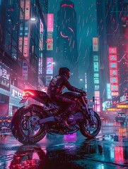 A rider pauses at a busy urban intersection, illuminated by neon lights reflecting off his motorcycle in the rain. Generative AI