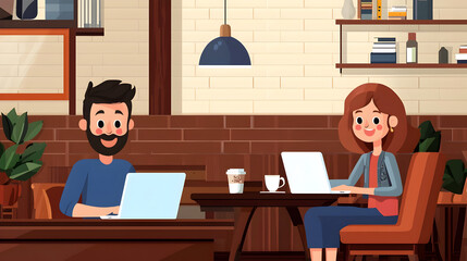 Cozy and Relaxed Coffee Shop Interior with People Working on Laptops and Computers in a Comfortable and Productive Environment for Business Freelance or Startup