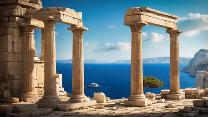 Fototapeta premium A nostalgic scene featuring a beautifully ancient Greek temple overlooking a serene blue sea