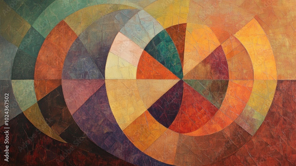 Poster abstract mosaic painting featuring a multi color gradient geometric design on a blended brown and or