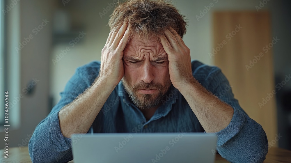 Poster a man is sitting at a table with a laptop in front of him