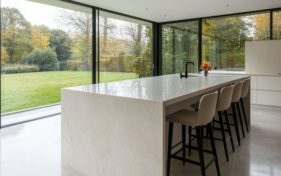 A chic kitchen extension with a large island and glass walls, allowing for plenty of natural light and views of the garden