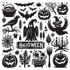 Halloween-themed clip art featuring pumpkins, ghosts, bats, and spooky decorations