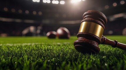 Legal gavel and football on a stadium grass field under spotlight, representing justice and fairness in professional sports. Suitable for law firm branding