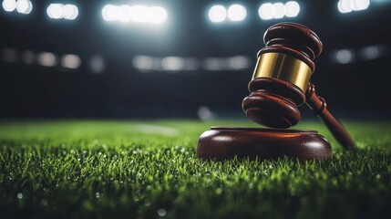 Legal gavel and football on a stadium grass field under spotlight, representing justice and fairness in professional sports. Suitable for law firm branding