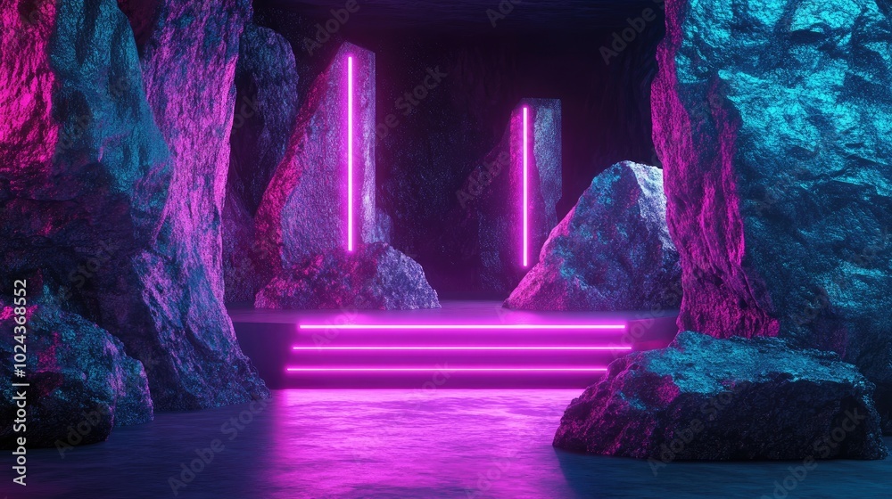 Poster Abstract neon backdrop featuring luminous geometric shapes natural stone accents and a 3D podium render An empty display stand or platform designed for showcasing presentations and advertising tec
