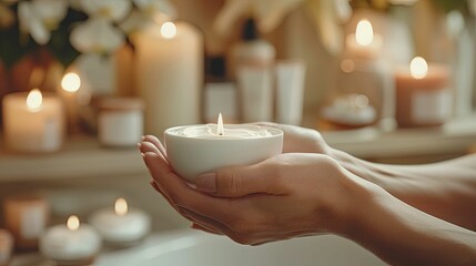 Hands Holding a Lit Candle with a Soft Blurred Background of Other Candles