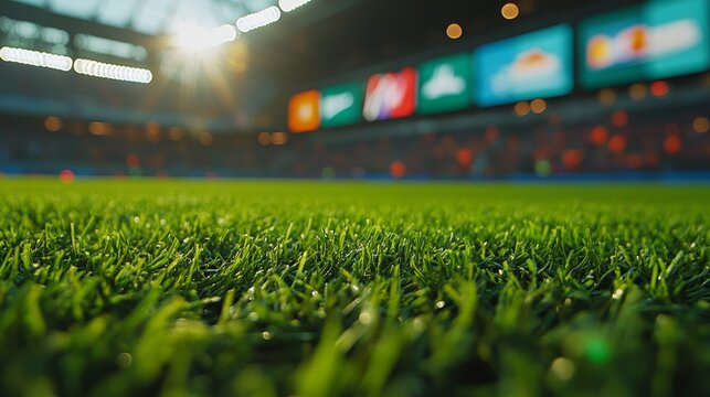 Low angle shot of a green lawn in a soccer stadium, vibrant advertising screens lining the sides, with a focus on the texture of the grass