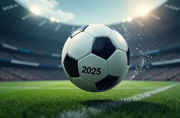 Fototapeta premium a soccer ball with the number 2025 flies into the goal on the football fieldю happy new 2025 year soccer themed, football background, sport concept, template, soccer field. 2025 new year sport concept