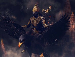Shani dev in black background with crow