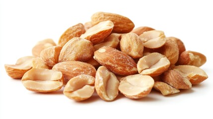 Fototapeta premium Macro shot of a pile of roasted salted peanuts on white, perfect for commercial use, smooth surface contrast and natural color tones, isolated food stock photo