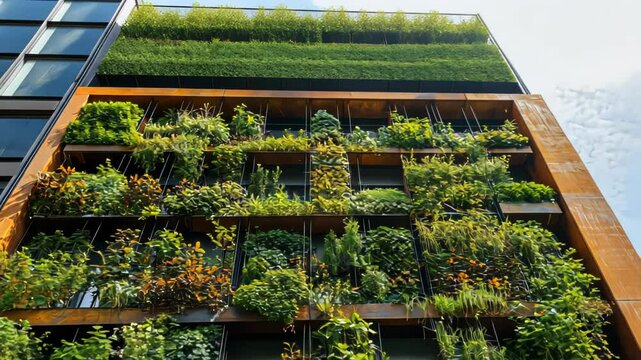 A green vertical garden on a building fa?ade showcasing diverse plant life.