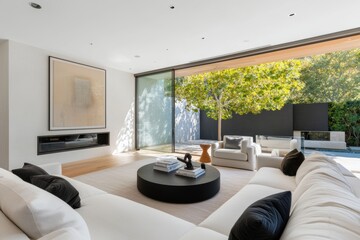 Fototapeta premium A modern living room extension with glass walls, allowing sunlight to flood the interior and blend indoor and outdoor living