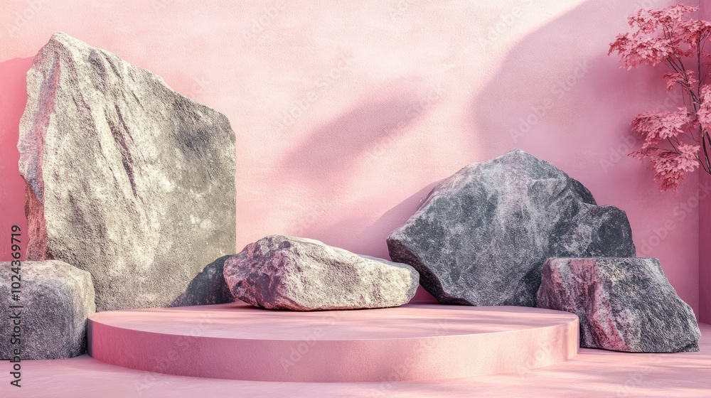 Aufkleber Abstract pink geometric background featuring stone and rock shapes minimalist mockup for podium display or showcase 3D rendering