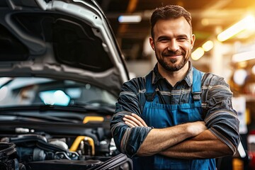 Handsome smiling mechanic standing with crossed arms in auto repair shop