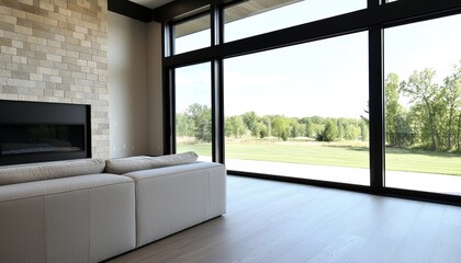 Fototapeta premium A spacious family room extension with sliding doors and glass walls, creating a seamless indoor-outdoor living space