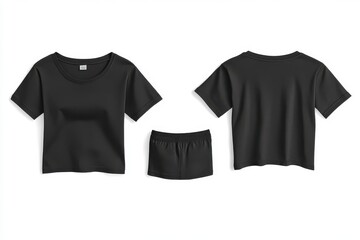 Set of black loose cropped midriff tee t shirt round neck front, back and side view on white