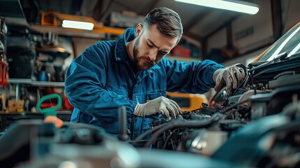 auto mechanic working on car engine in auto repair shop, service and maintenance concept