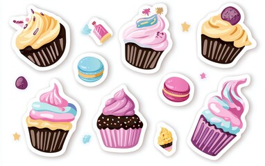 A sweet pastel sticker set featuring cupcakes, macaron towers, and frosting bags on a clean white background