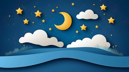 Naklejka premium Minimalist and serene of a night sky with glowing stars and a crescent moon in a flat abstract design style This peaceful atmospheric cosmic landscape can be used as a background