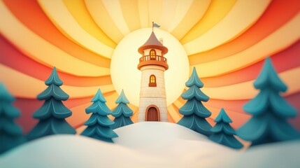 Fototapeta premium Dreamlike Stone Tower in Snowy Twilight