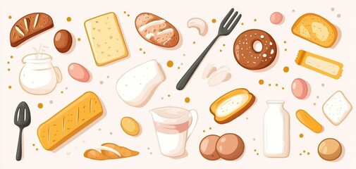 A sweet set of baking ingredients like eggs, milk, and butter sticks, all in pastel shades, simple vector style