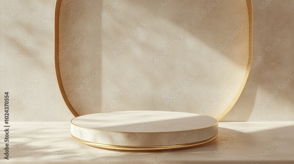 Poster 3D rendering of a minimal product display featuring a circular podium with gold accents on textured fabric suitable for luxury cosmetic product photography from an overhead perspective