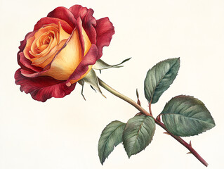 Fototapeta premium a close-up of a single rose with a yellow center and red petals, set against a white background.