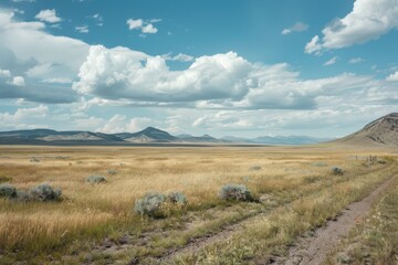 A vast, empty field with a dirt road running through it