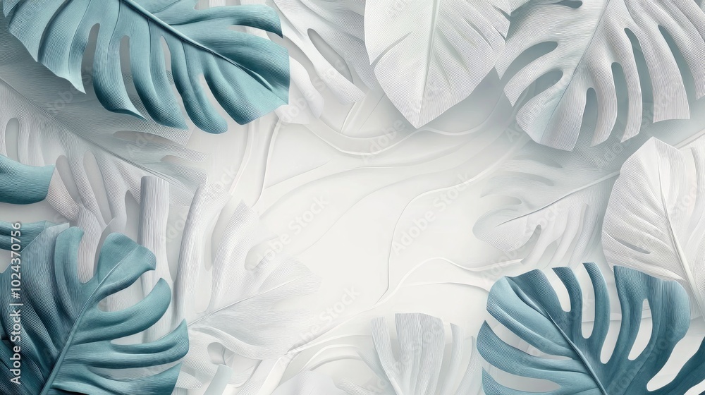 Poster 3d mural wallpaper featuring hand drawn tropical leaves and abstract art on a light background with 